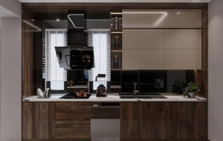 Modern kitchen with dark wood cabinets and island