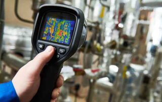 Close-up of a hand holding a thermal imaging camera inside an industrial facility, capturing temperature variations in HVAC equipment. Visual emphasizes the importance of regular HVAC camera inspections for detecting hidden issues, ensuring efficiency, and preventing costly breakdowns.